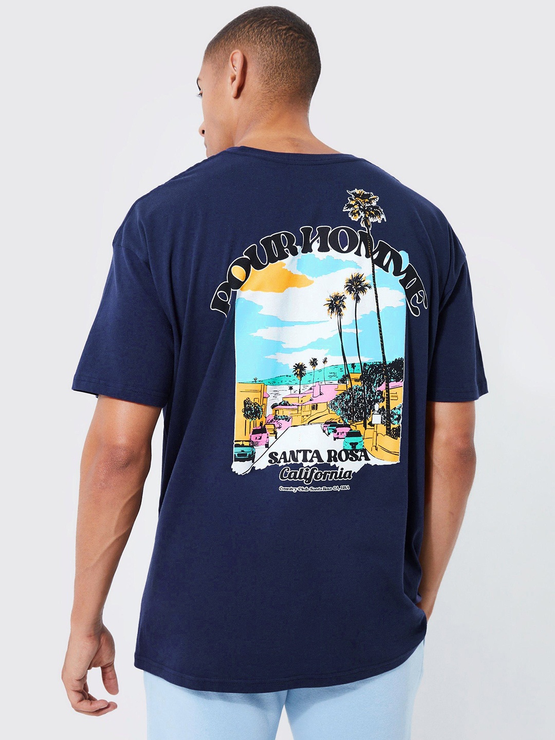 

boohooMAN California Printed Drop-Shoulder Sleeves Pure Cotton Oversized T-shirt, Navy blue