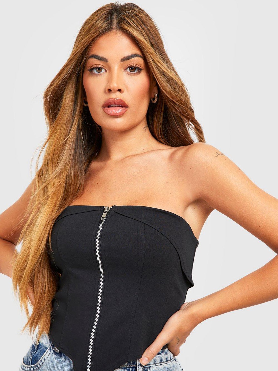 

Boohoo Strapless Zip Corset Top, Black