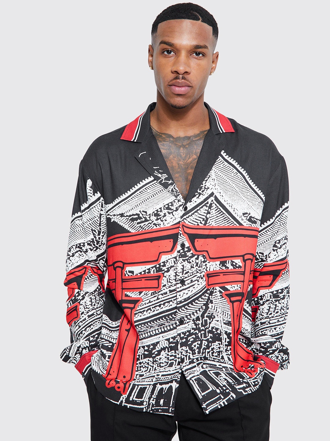 

boohooMAN Conversational Print Casual Shirt, Navy blue