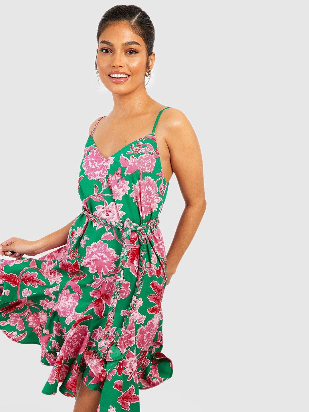 

Boohoo Floral Print Fit & Flare Dress with Belt, Green