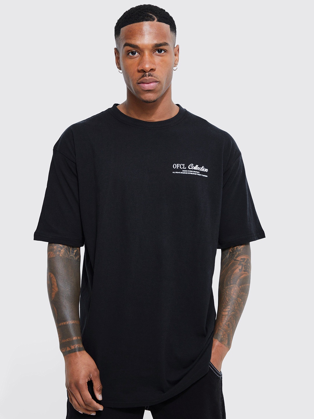 

boohooMAN Ofcl Drop-Shoulder Sleeves Pure Cotton Oversized T-shirt, Black