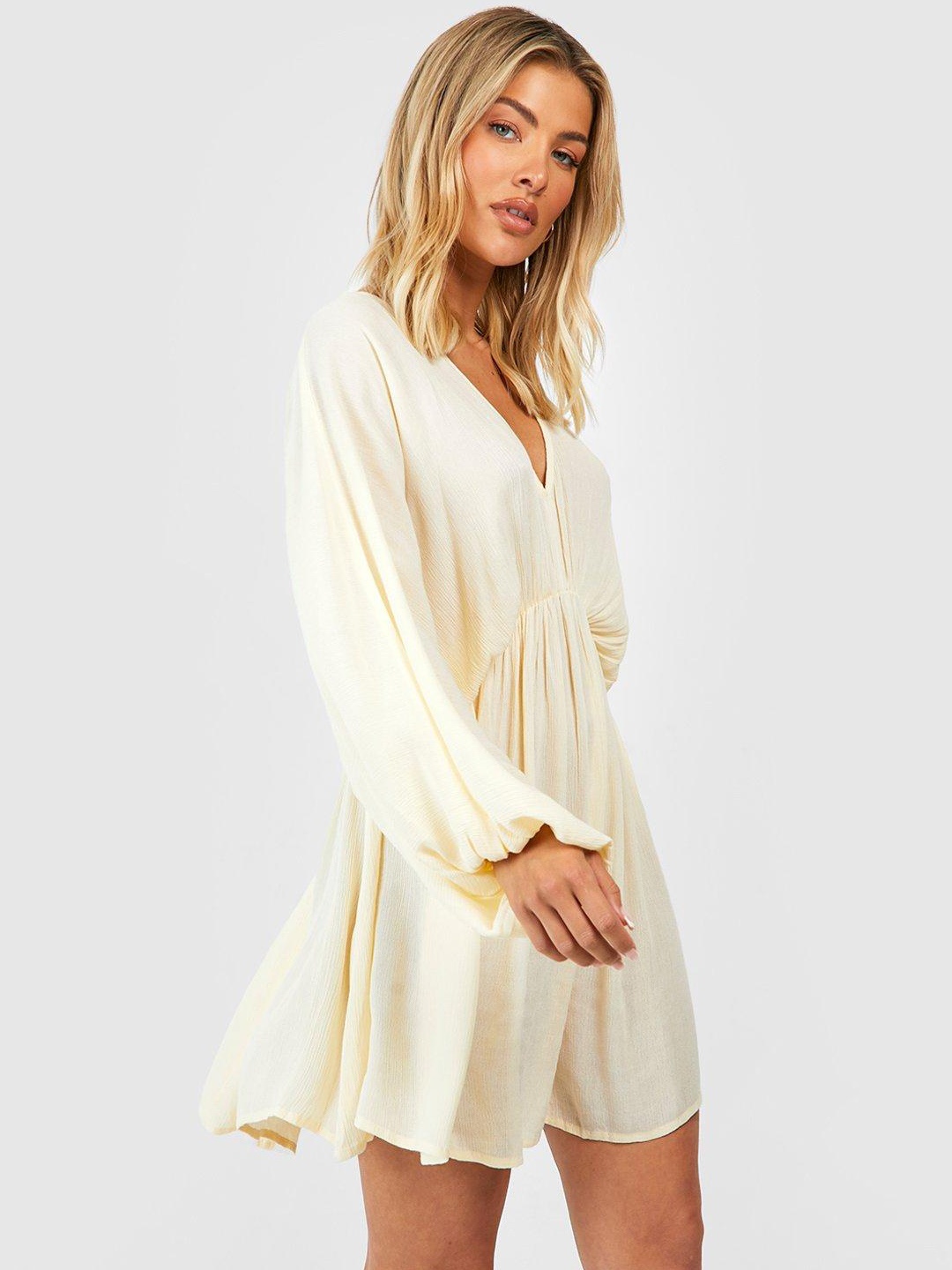 

Boohoo Crinkle Batwing Sleeve A-Line Mini Dress, Cream