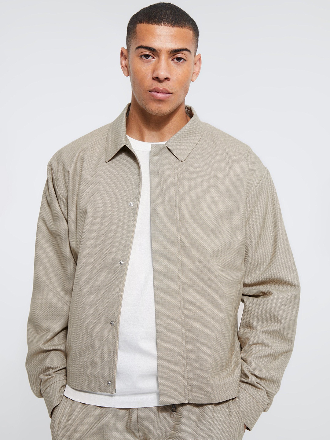 

boohooMAN Boxy Fit Textured Concealed Placket Harrington Jacket, Beige