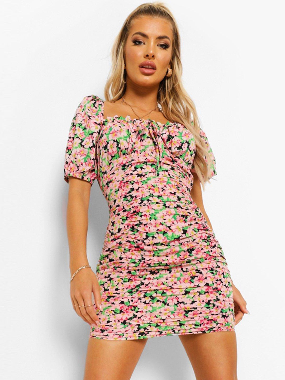 

Boohoo Floral Ruched Front Tie Detail Mini Dress, Pink