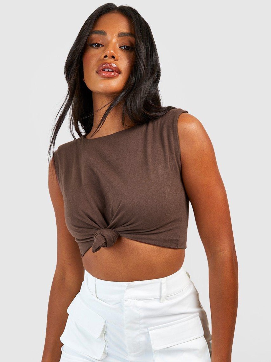 

Boohoo Twisted Cotton Crop Sleeveless Top, Brown