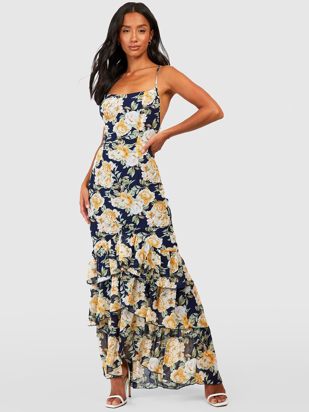 

Boohoo Petite Floral Print Ruffled Maxi Dress, Navy blue