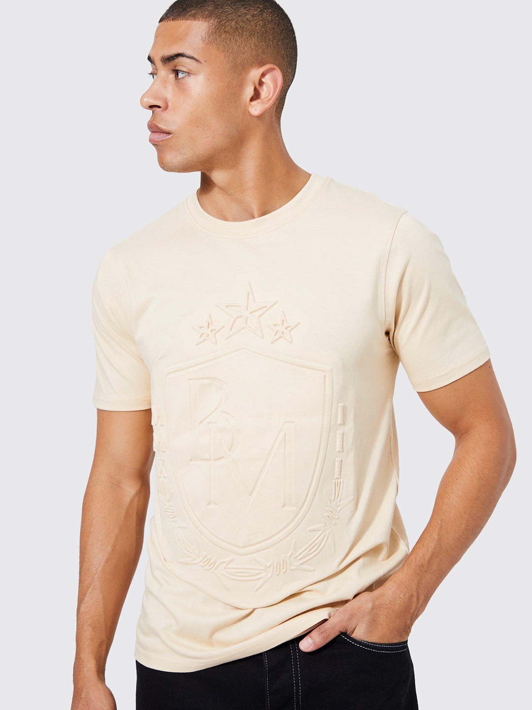 

boohooMAN Typography Embossed Pure Cotton Slim Fit T-shirt, Beige