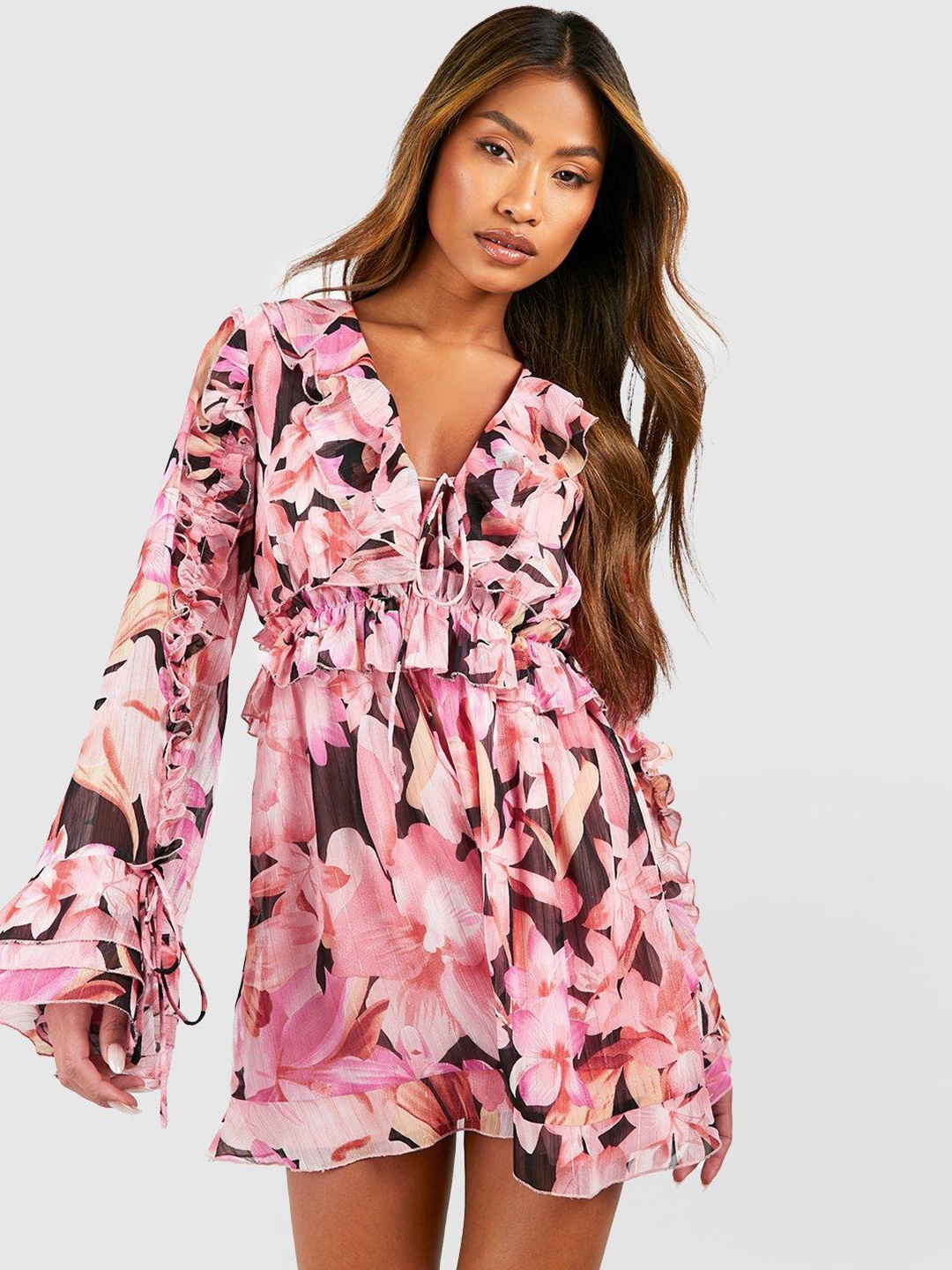 

Boohoo Floral Printed Ruffled Playsuit, Pink