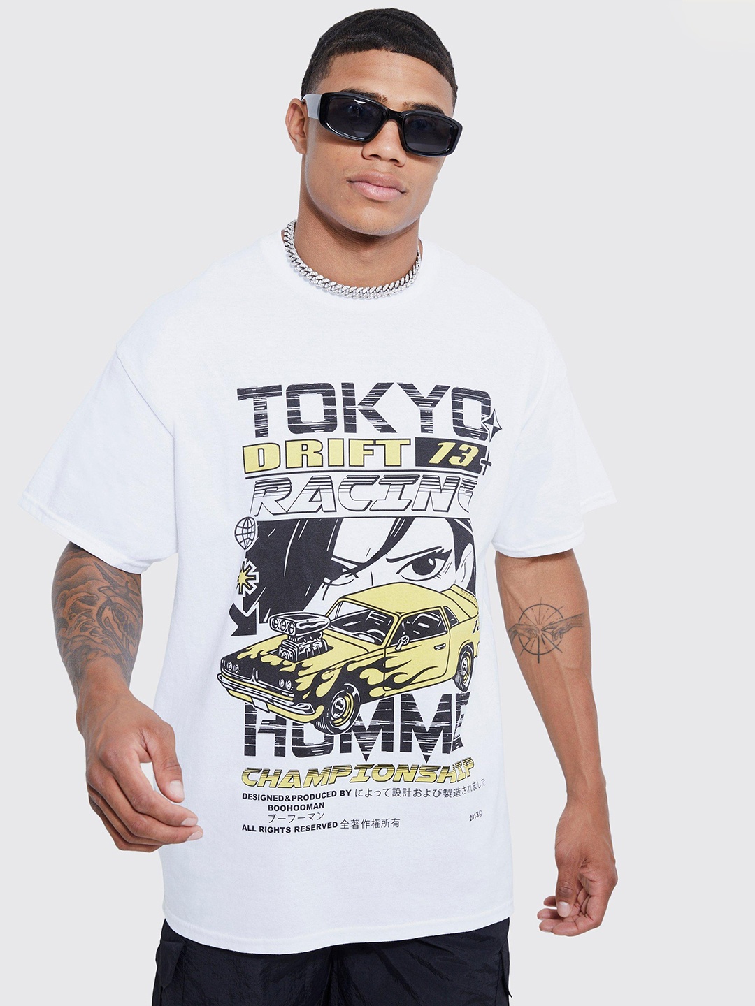 

boohooMAN Tokyo Drift Racing Printed Drop-Shoulder Sleeves Pure Cotton Oversized T-shirt, White