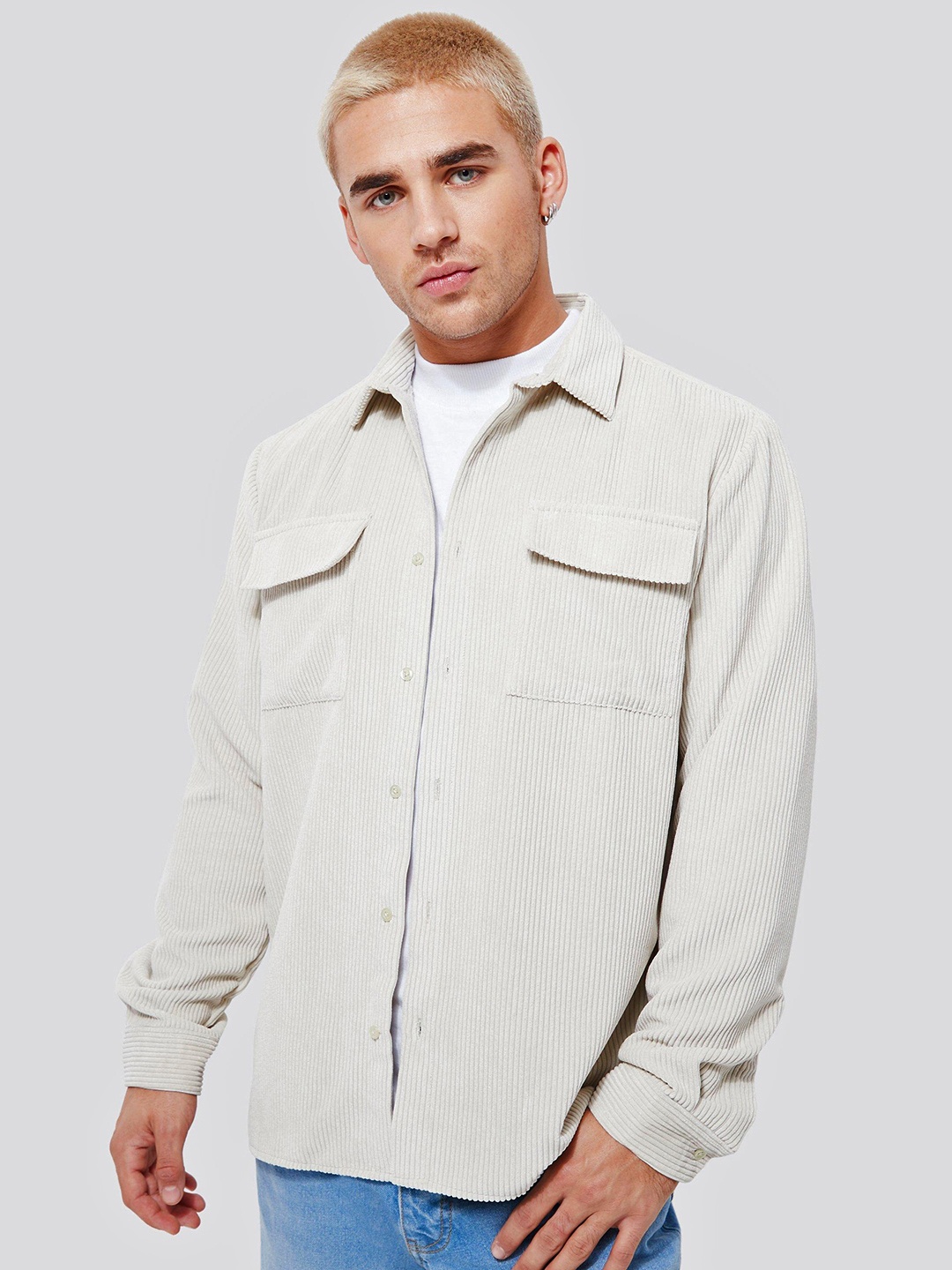 

boohooMAN Corduroy Self-Striped Opaque Casual Shirt, Beige