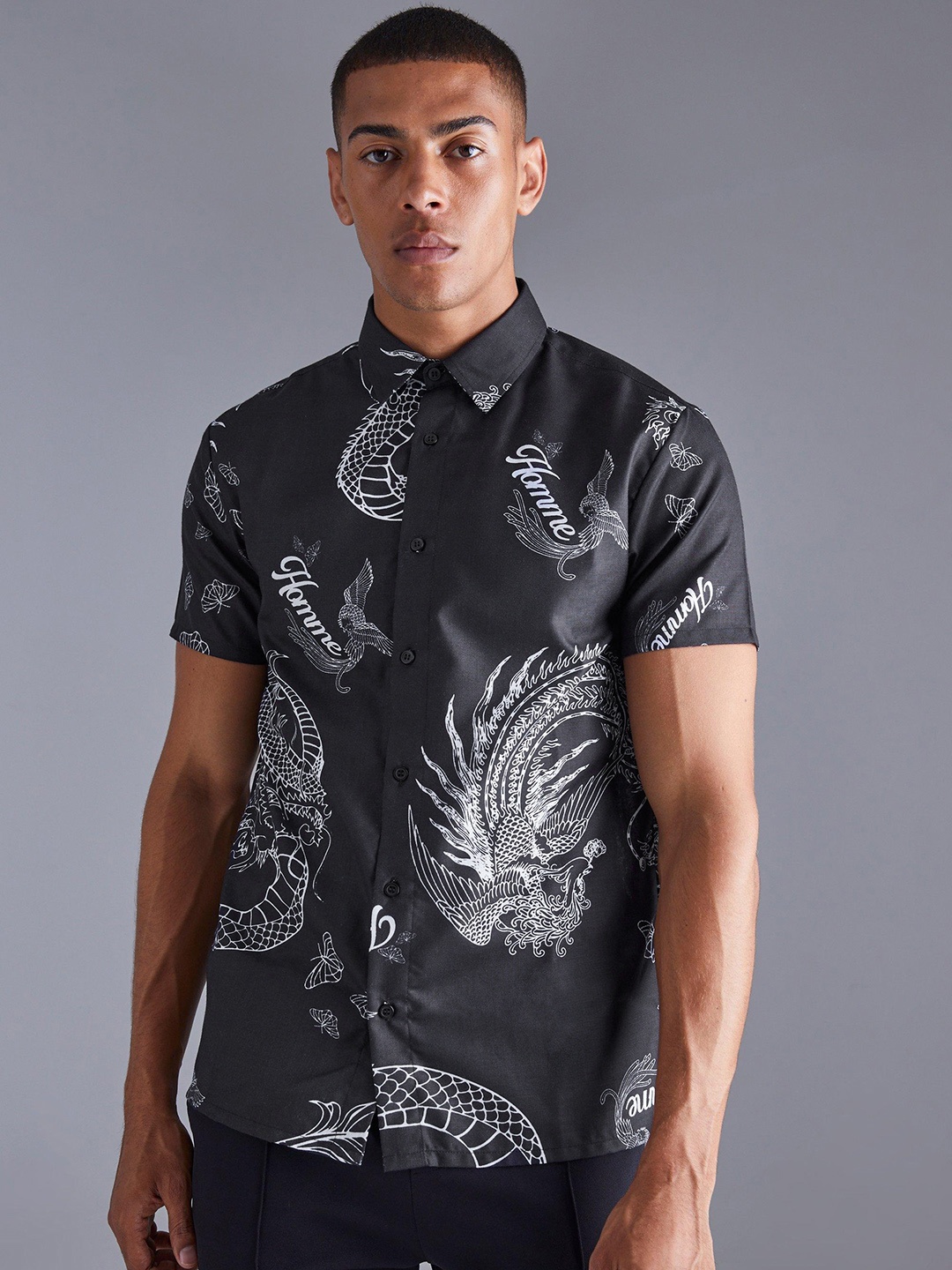 

boohooMAN Printed Casual Shirt, Black
