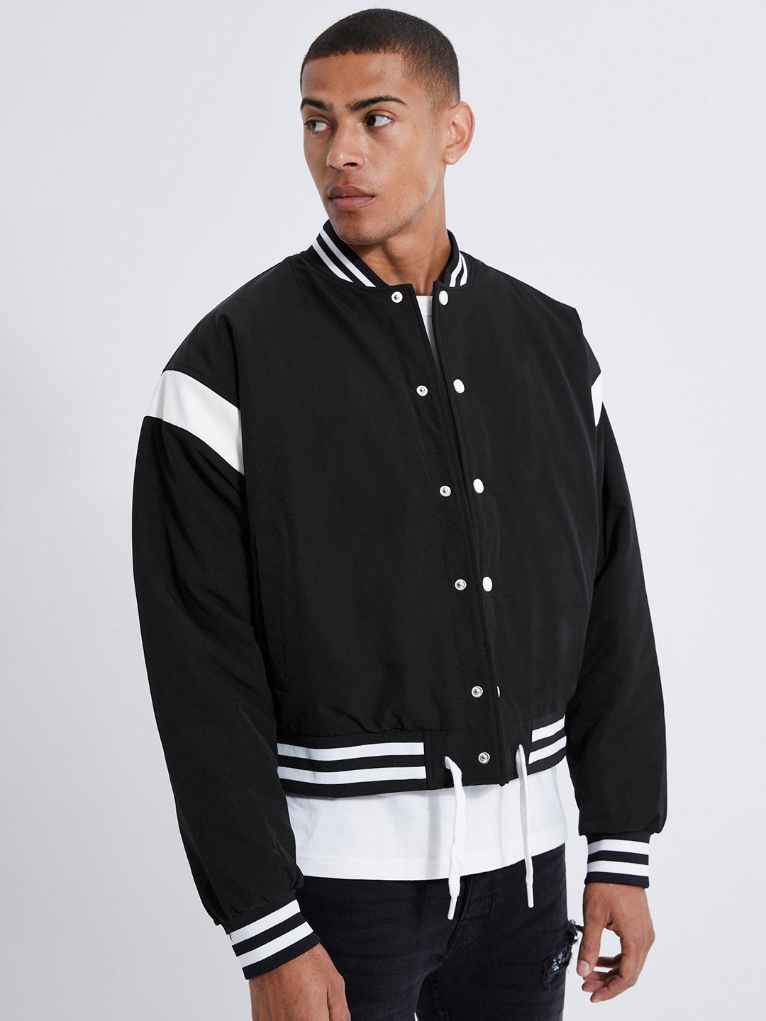 

boohooMAN Contrast Trims Bomber Jacket, Black