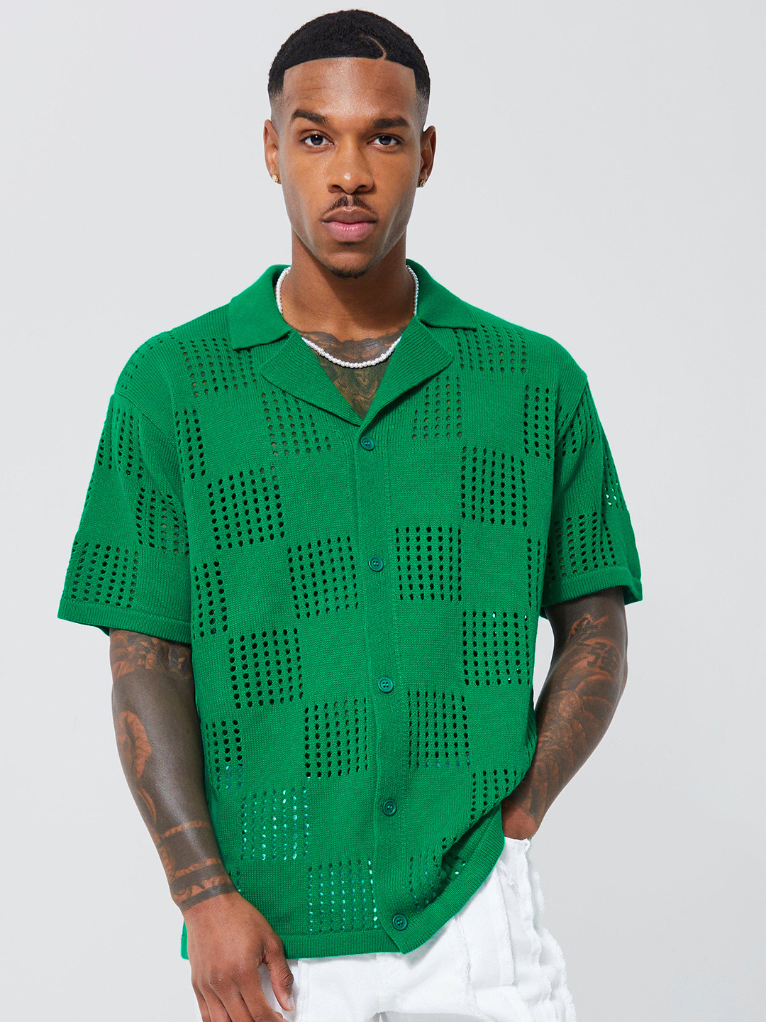 

boohooMAN Open-Knit Drop Shoulder Sleeves Acrylic Casual Crochet Shirt, Green