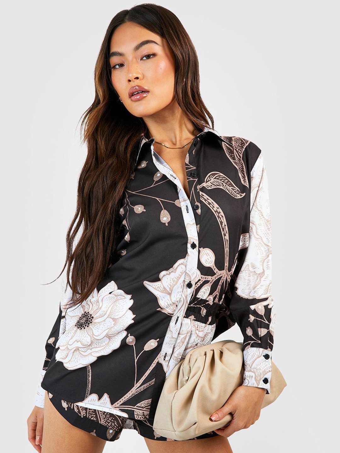 

Boohoo Satin Finish Floral Printed Co-Ords, Black