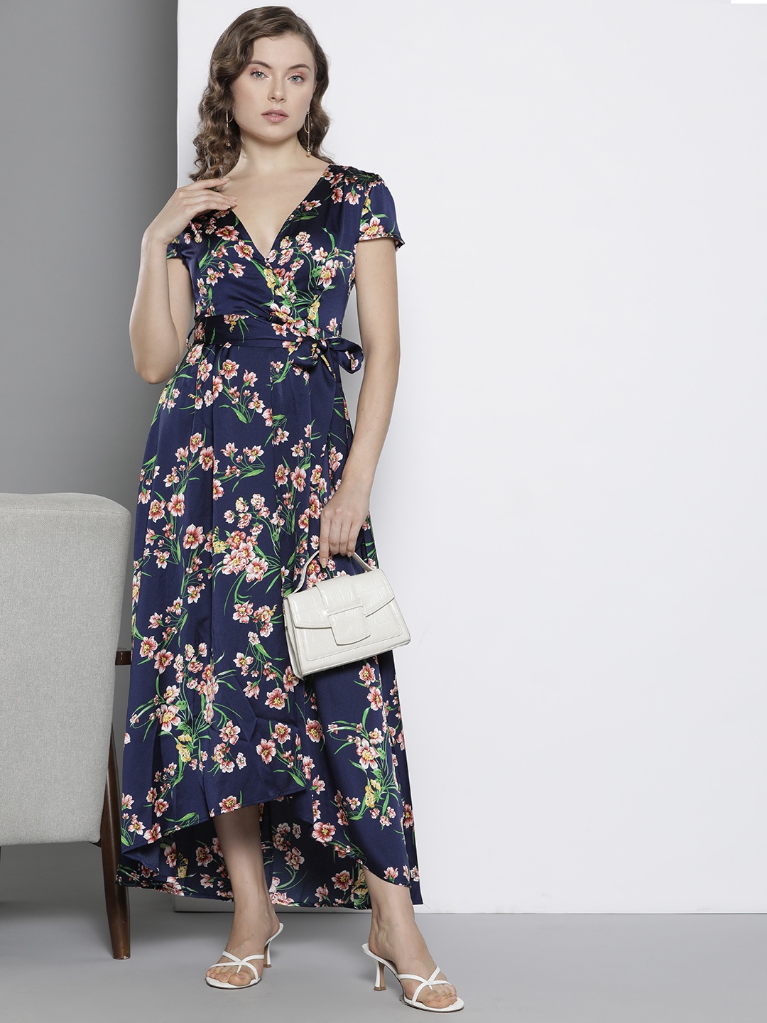 

Boohoo Floral Print Belted High-Low Hem Wrap Style Midi Dress, Navy blue