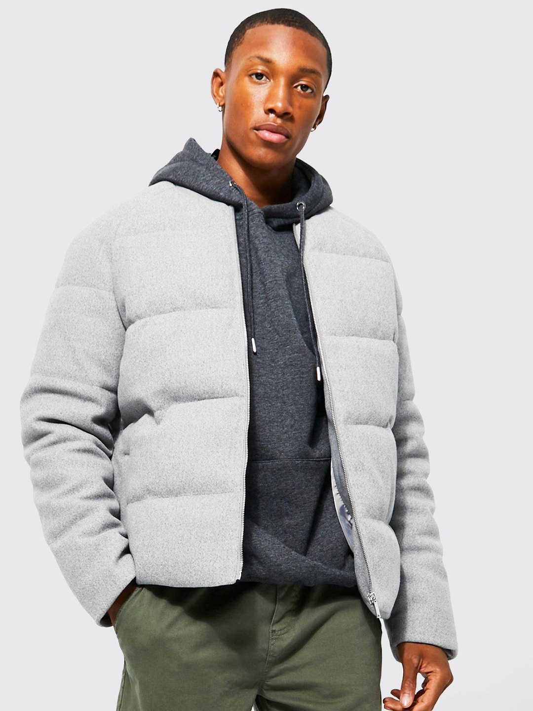 

boohooMAN Wool Look Padded Jacket, Grey melange