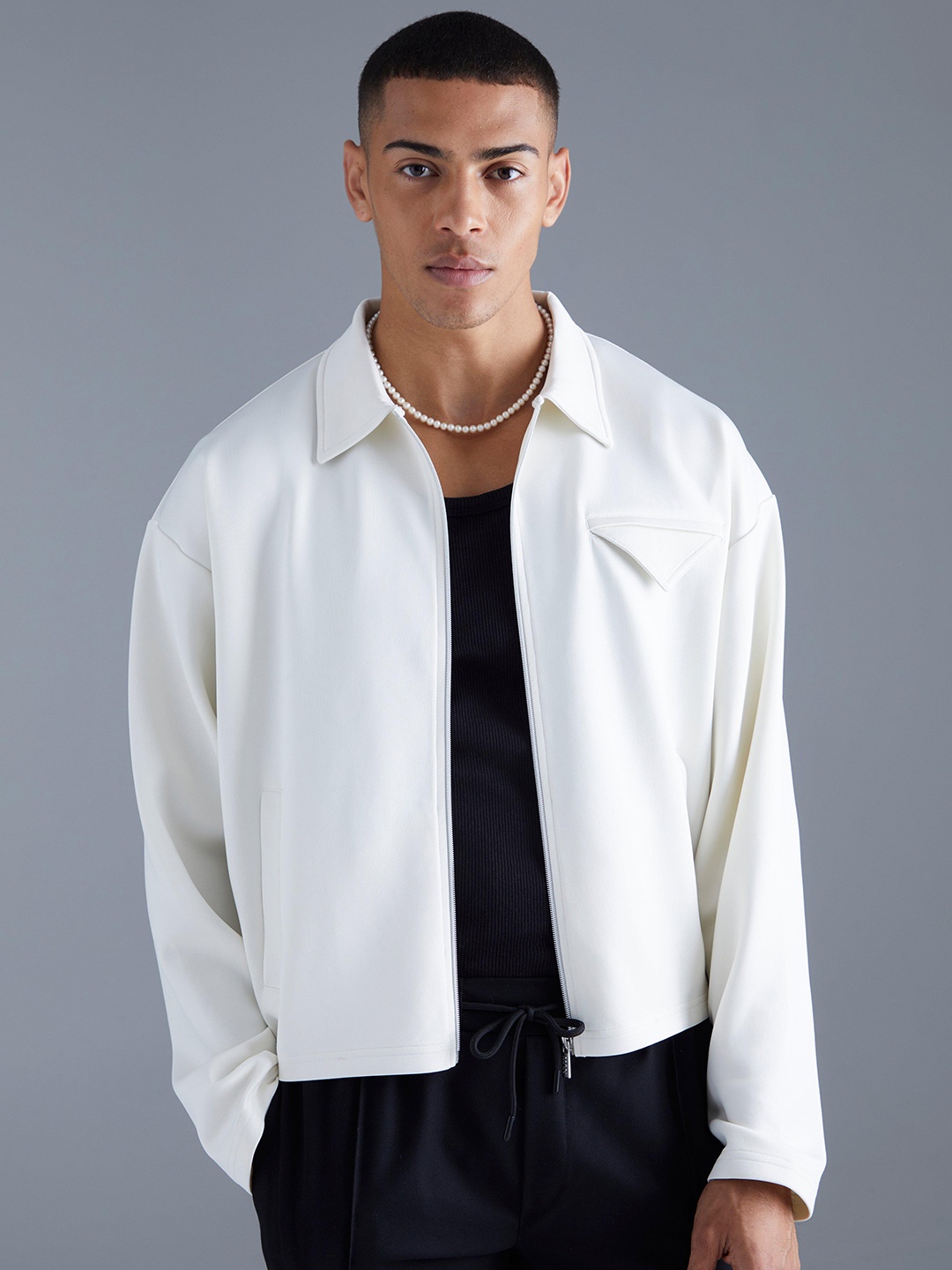 

boohooMAN Boxy Fit Scuba Harrington Jacket, Off white
