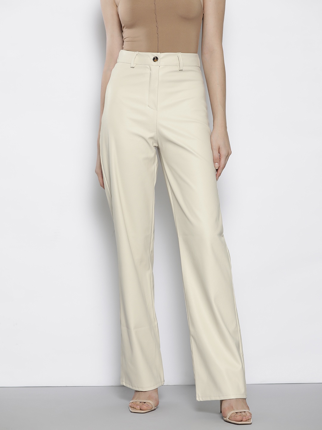 

Boohoo Women High-Rise Wide Leg Pu Coated Trousers, Beige