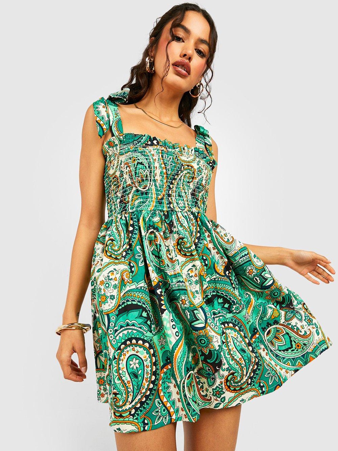 

Boohoo Ethnic Motifs Print Smocked A-Line Mini Dress, Cream