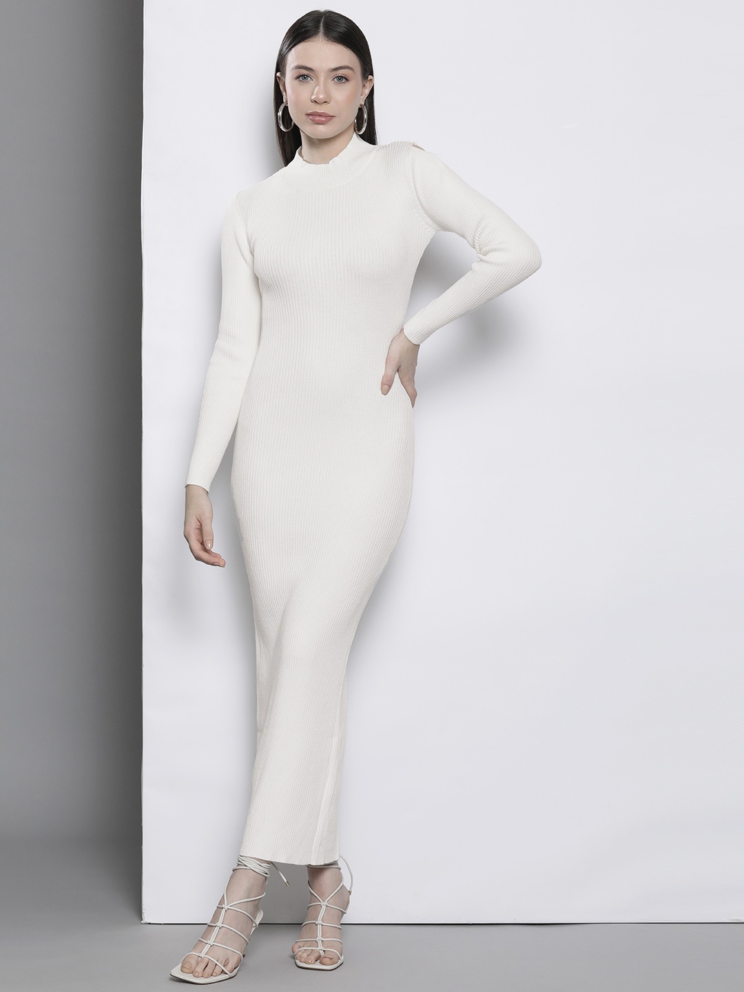 

MISSPAP Ribbed Cut-Out Stylised Back Bodycon Maxi Dress, White