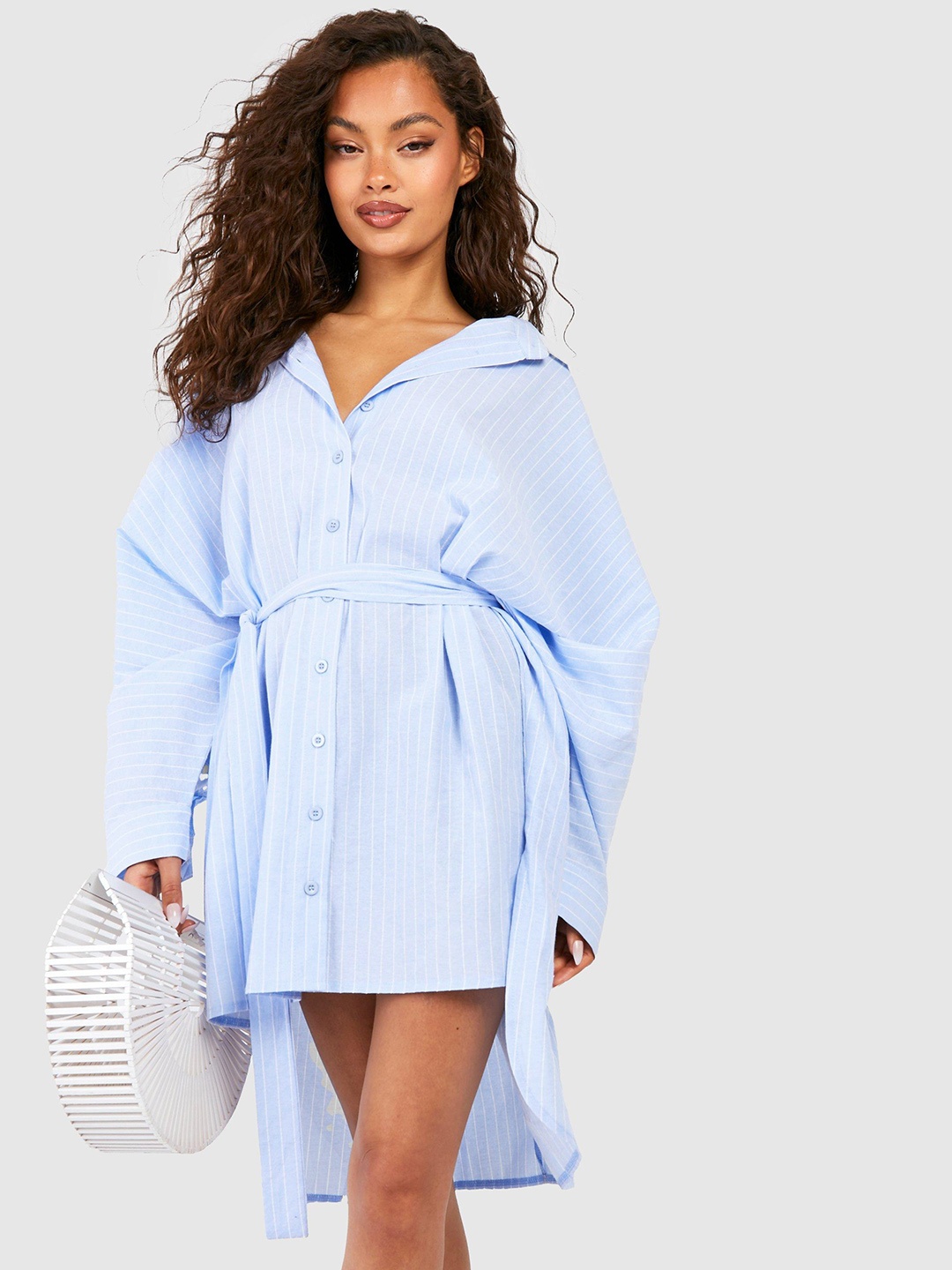 Boohoo High-Low Hem Striped Oversized Shirt Dress with Belt, Blue