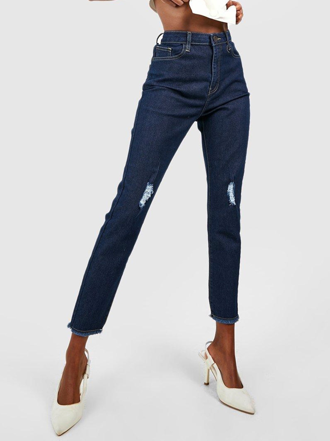 

Boohoo Women Skinny Fit High-Rise Ripped Jeans, Navy blue