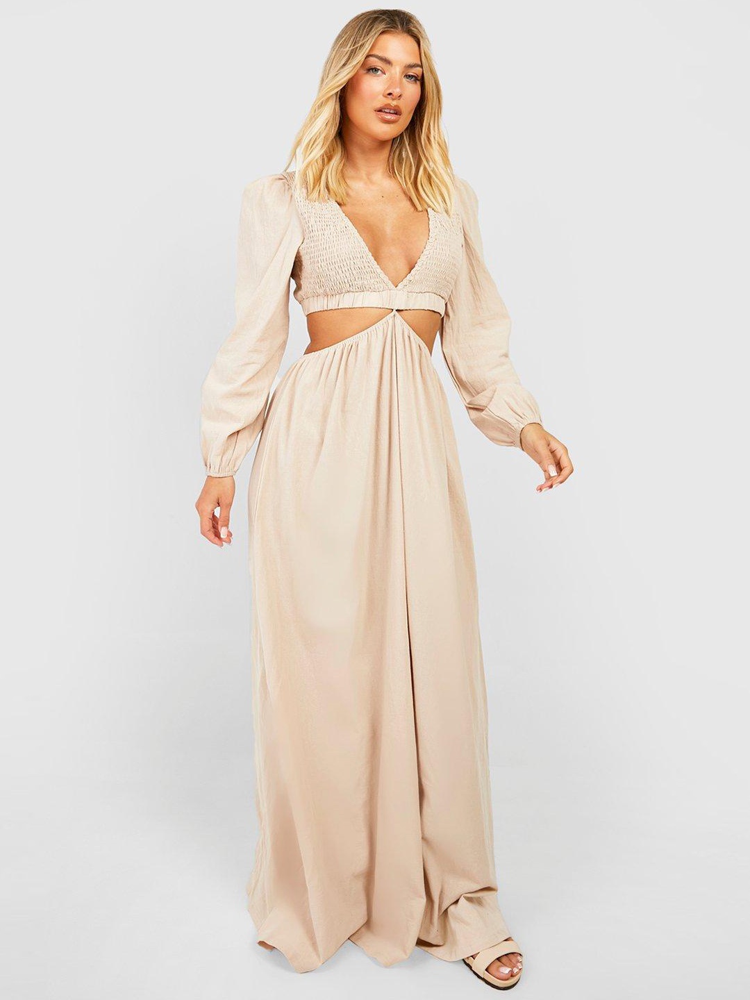 

Boohoo Cut-Outs Smocked Maxi Dress, Beige