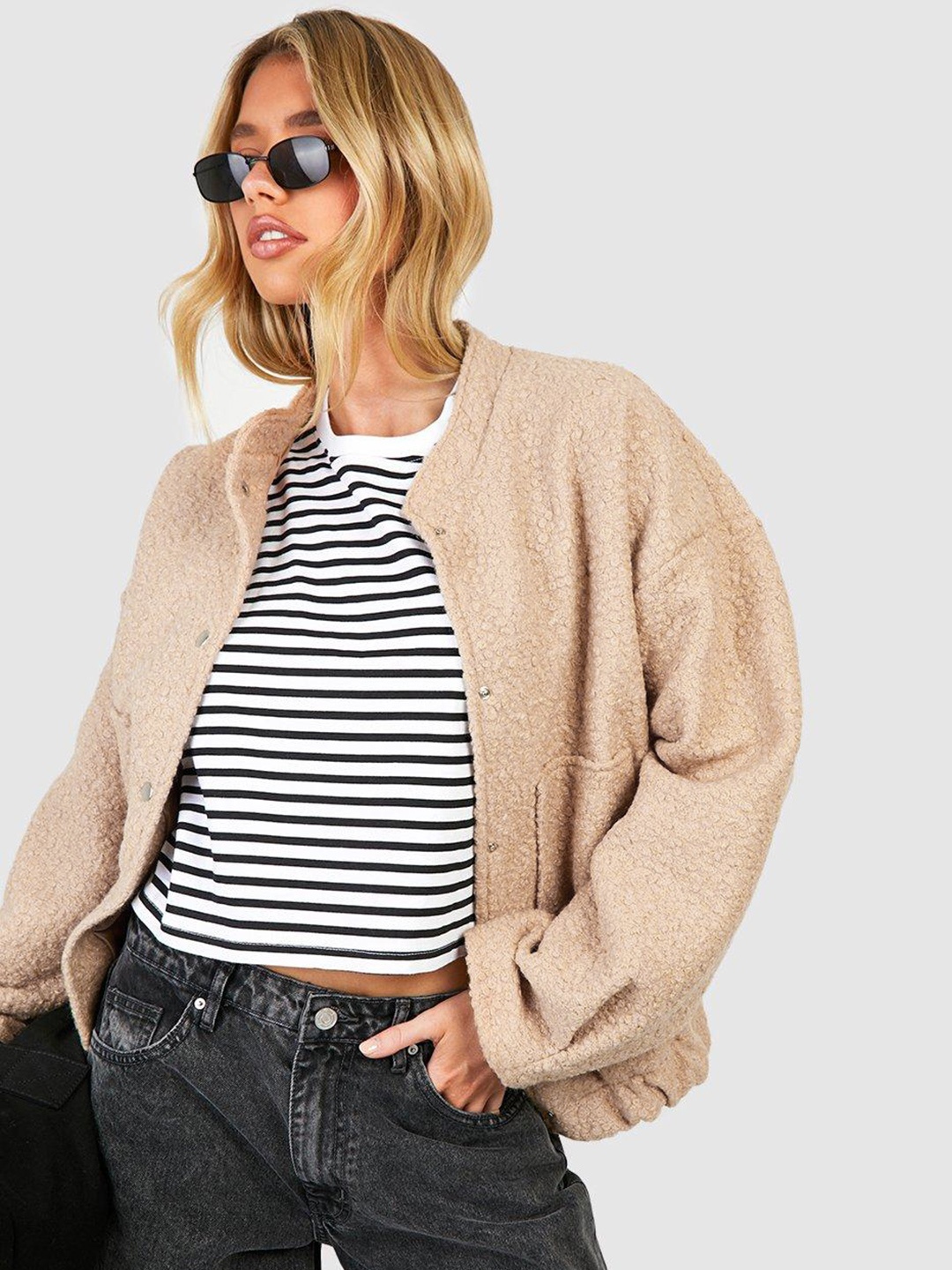 

Boohoo Fuzzy Textured Oversized Bomber Jacket, Beige
