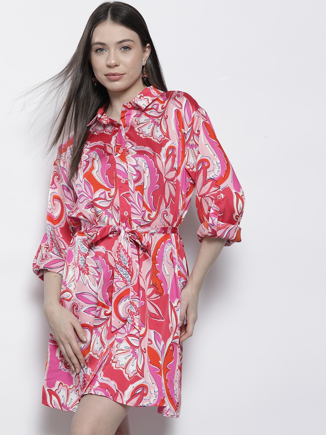 

Boohoo Printed Satin Shirt Dress, Pink
