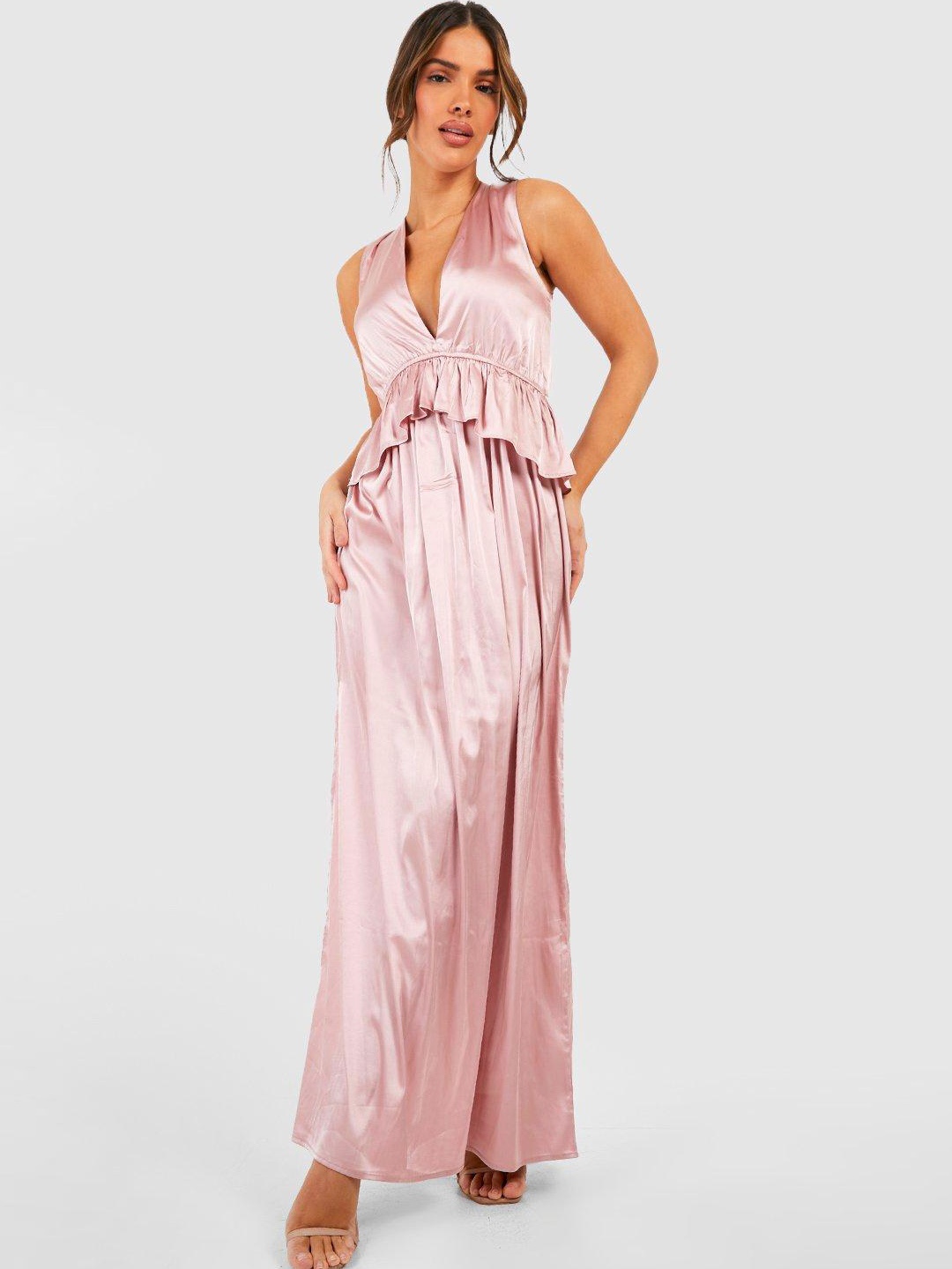 

Boohoo Satin Finish Ruffled Layered Maxi Dress, Pink