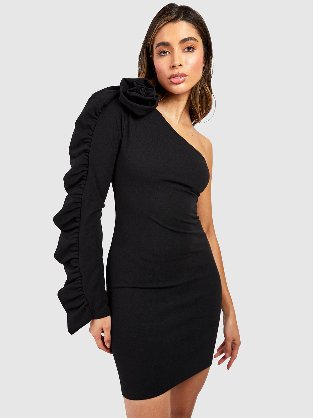 

Boohoo One Shoulder Ruffled Sleeve Corsage Bodycon Mini Dress, Black