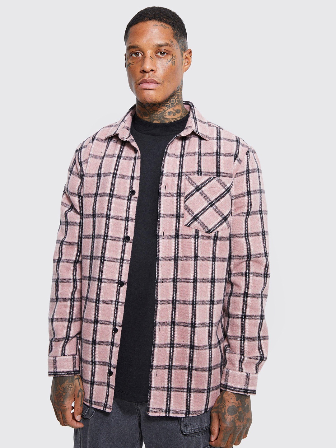 

boohooMAN Opaque Checked Shacket, Pink