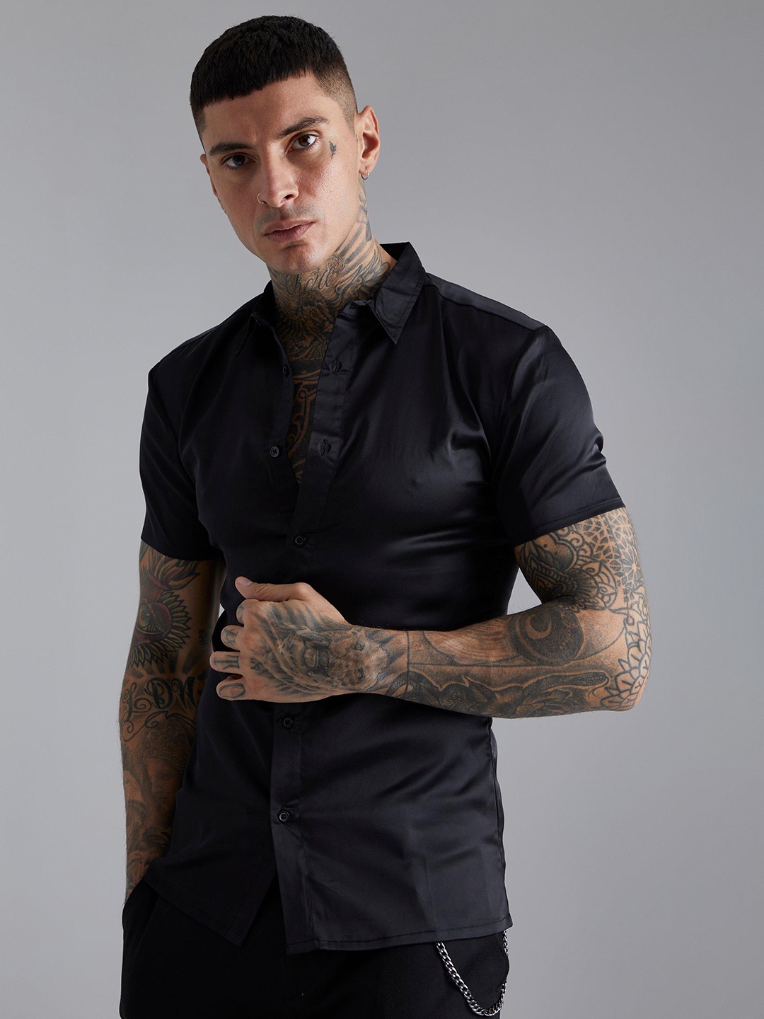 

boohooMAN Satin Casual Shirt, Black