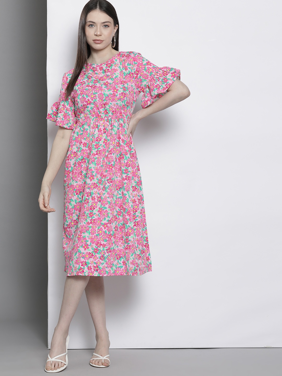 

Boohoo Floral Print A-Line Midi Dress, Pink