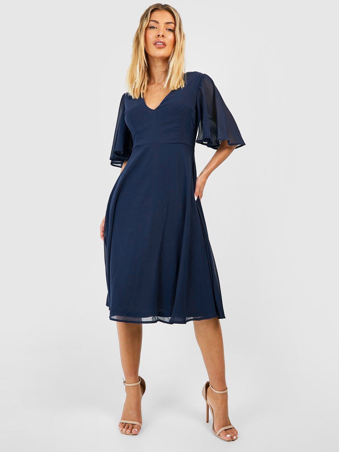 

Boohoo Chiffon A-Line Midi Bridesmaid Dress, Navy blue