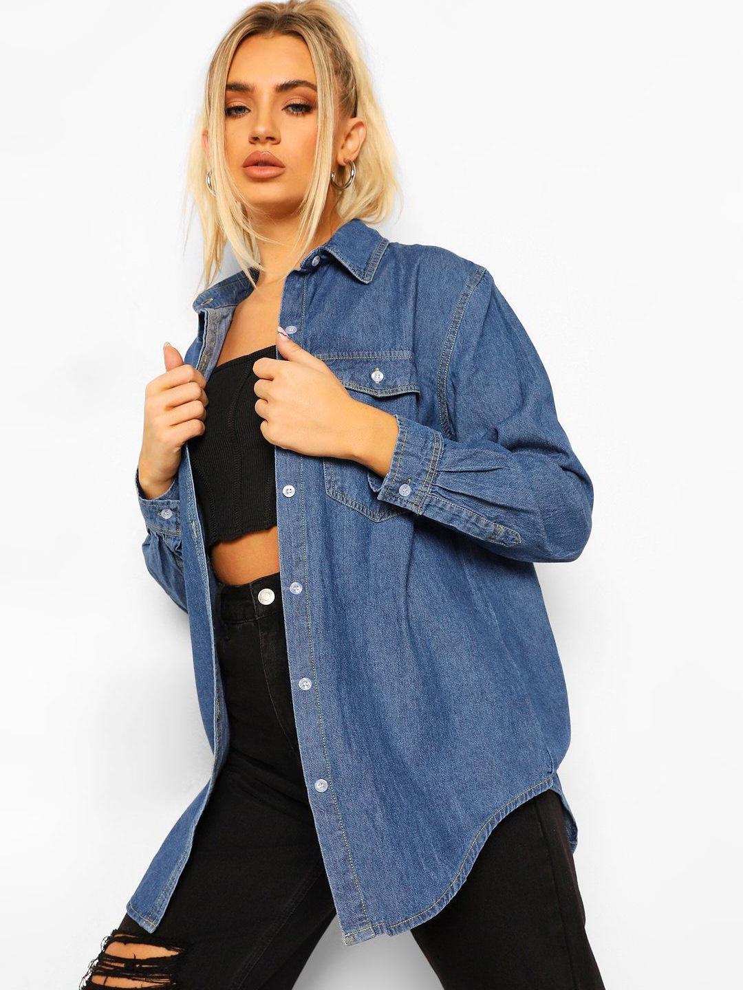 Boohoo Denim Oversized Shirt, Navy blue