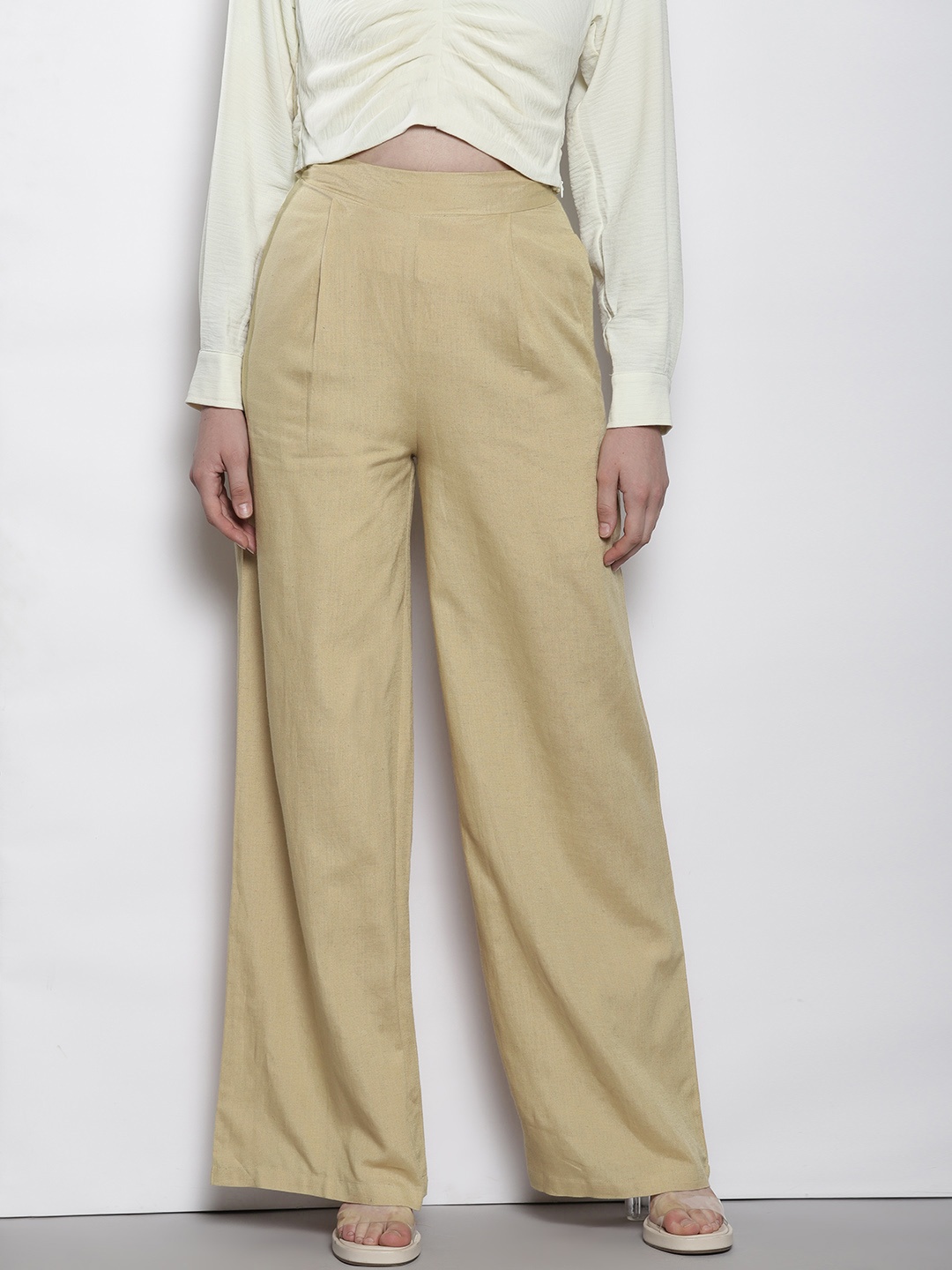 

Boohoo Women Relaxed Wide Leg High-Rise Pleated Trousers, Khaki