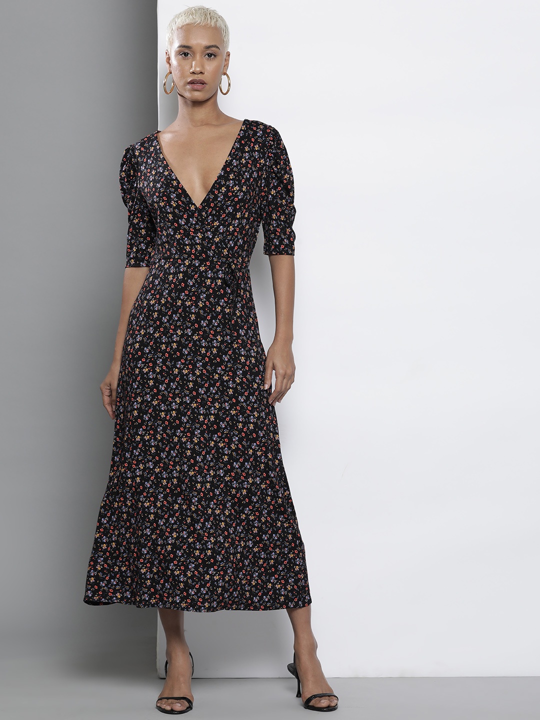

DOROTHY PERKINS Floral Print Ruched Sleeves Wrap Maxi Dress, Black