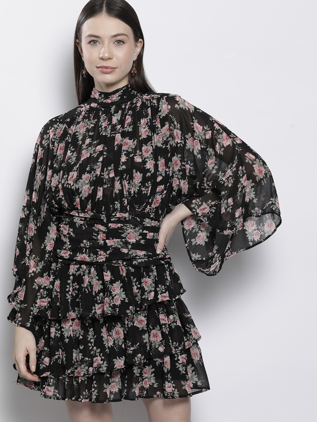 

Boohoo Floral Print Flared Sleeve Fit & Flare Dress, Black