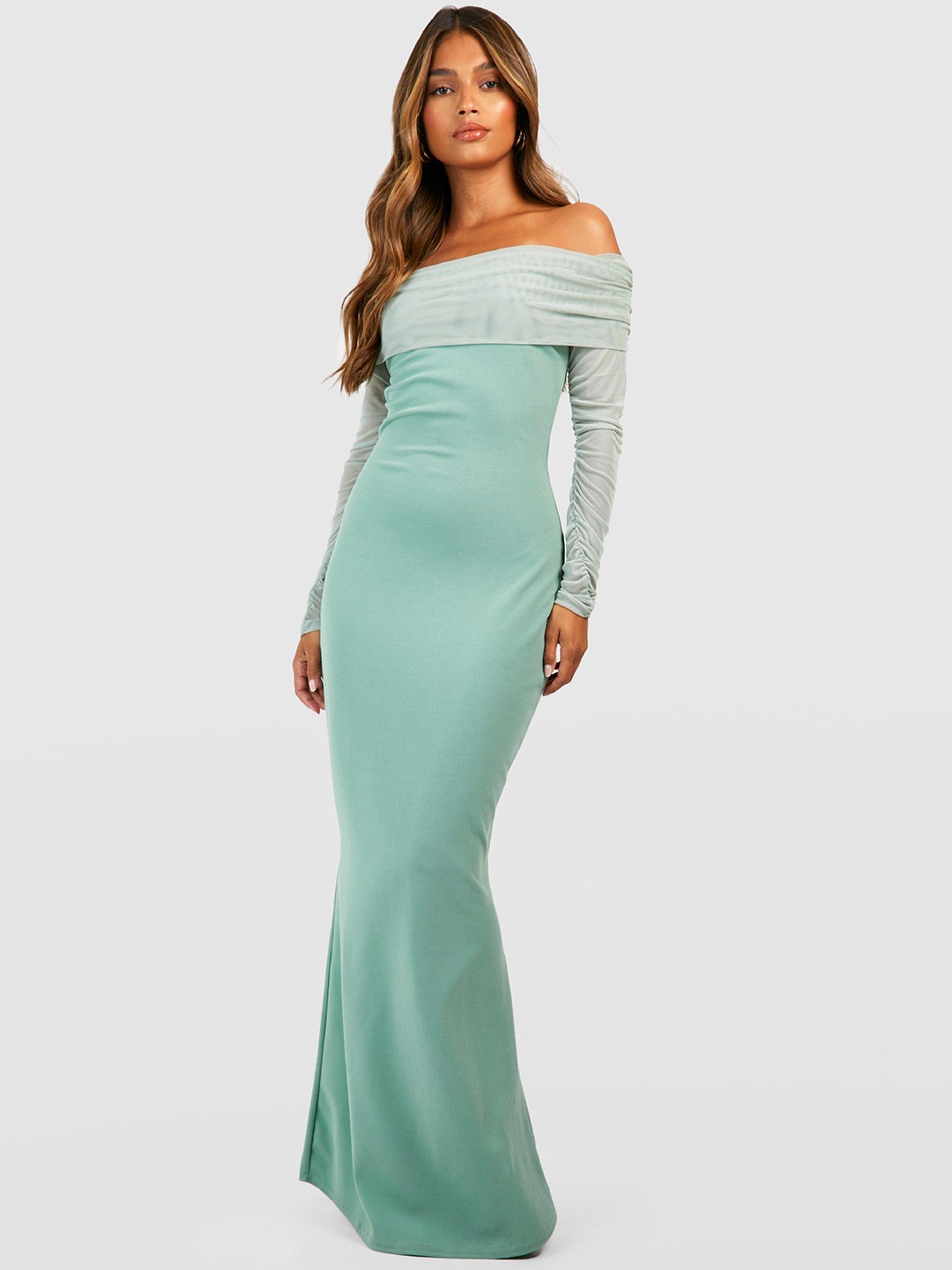 

Boohoo Mesh Off-Shoulder Bardot Maxi Dress, Green