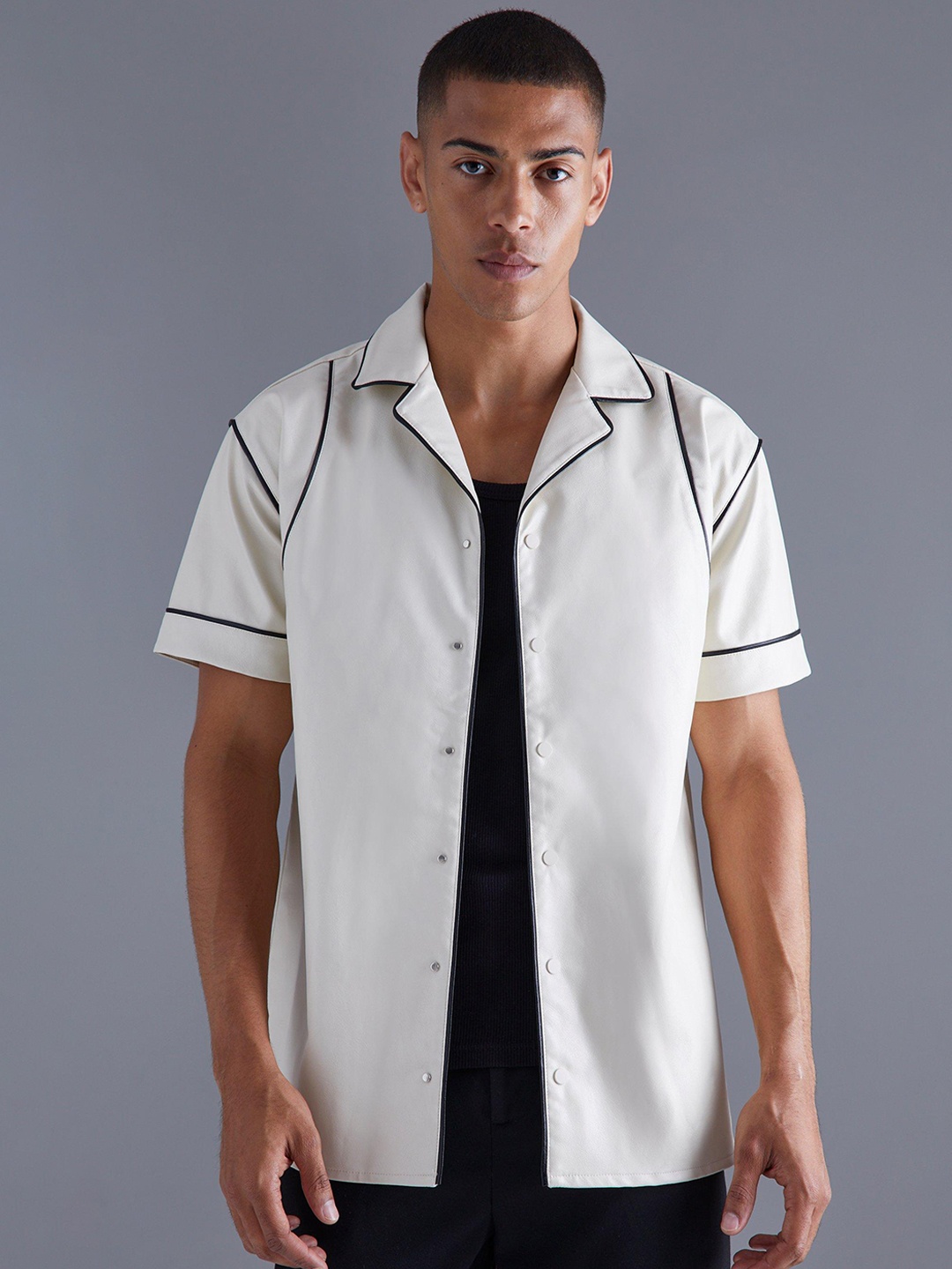 

boohooMAN Faux Leather Casual Shirt, Off white