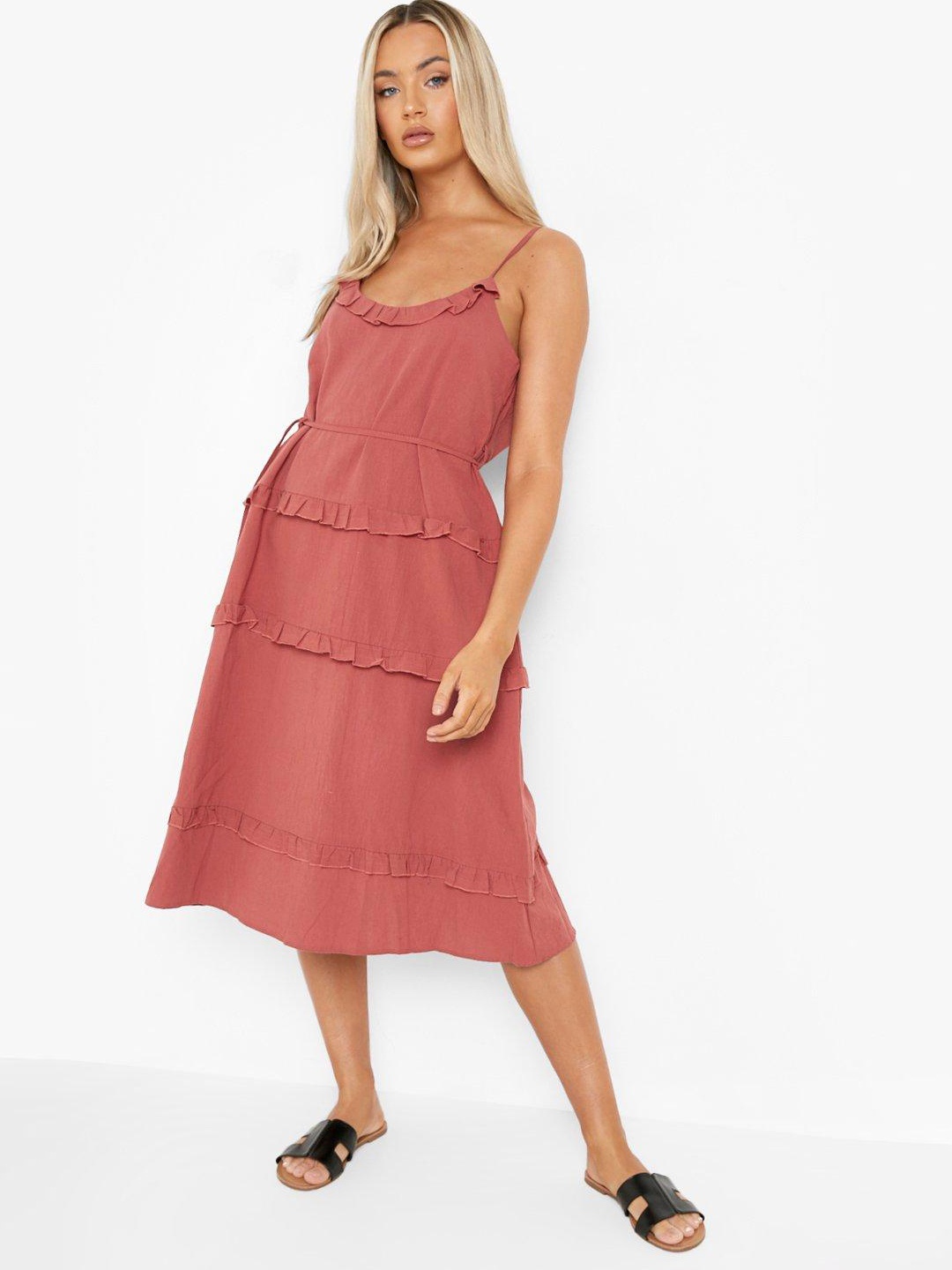 

Boohoo Ruffle Detail Cotton Tiered A-Line Midi Dress, Rust