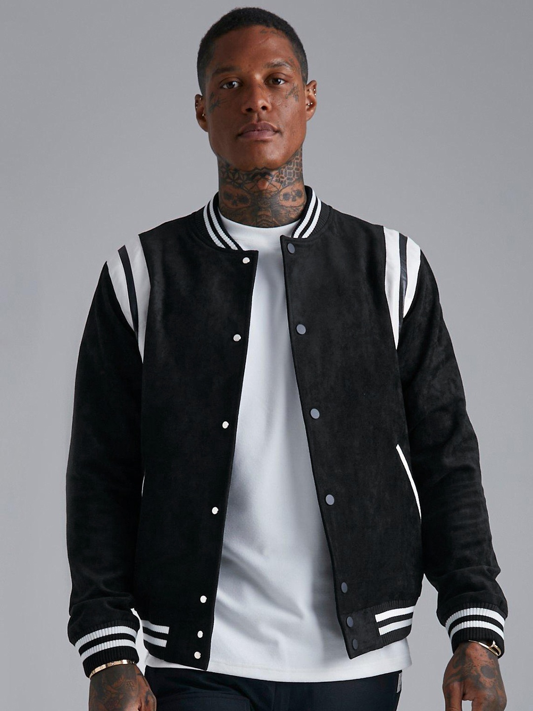 

boohooMAN Striped Faux Suede & Leather Varsity Bomber Jacket, Black