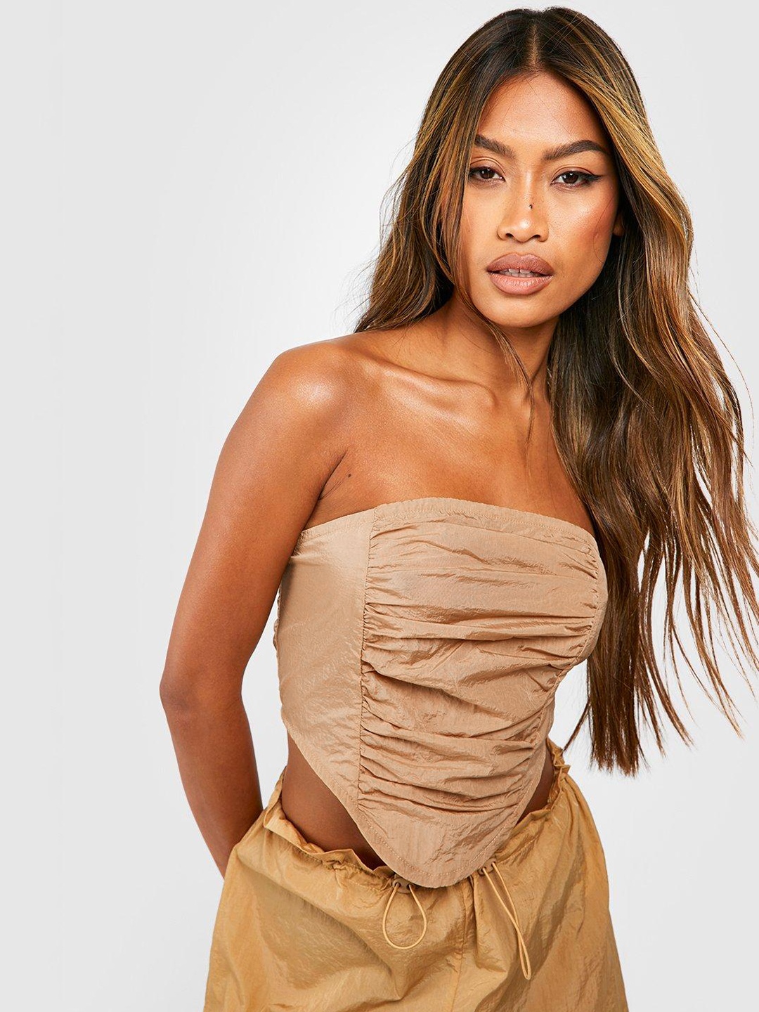 

Boohoo Off-Shoulder Crop Top, Beige