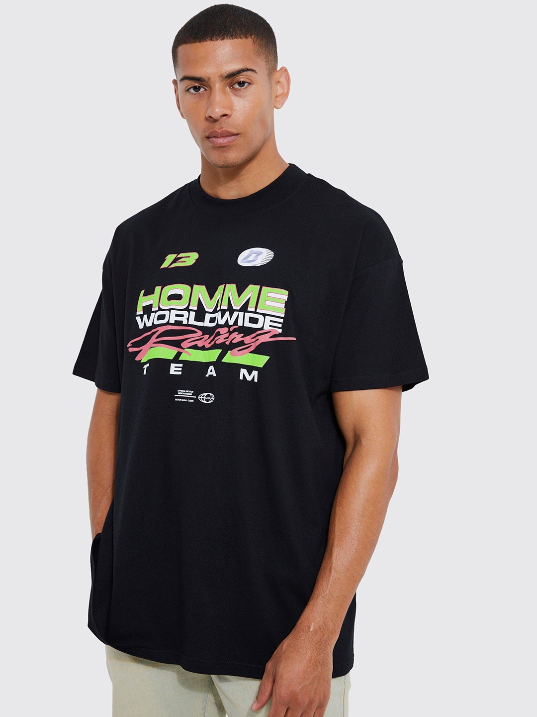 

boohooMAN Racing Moto Graphic Printed Drop-Shoulder Sleeves Pure Cotton Oversized T-shirt, Black