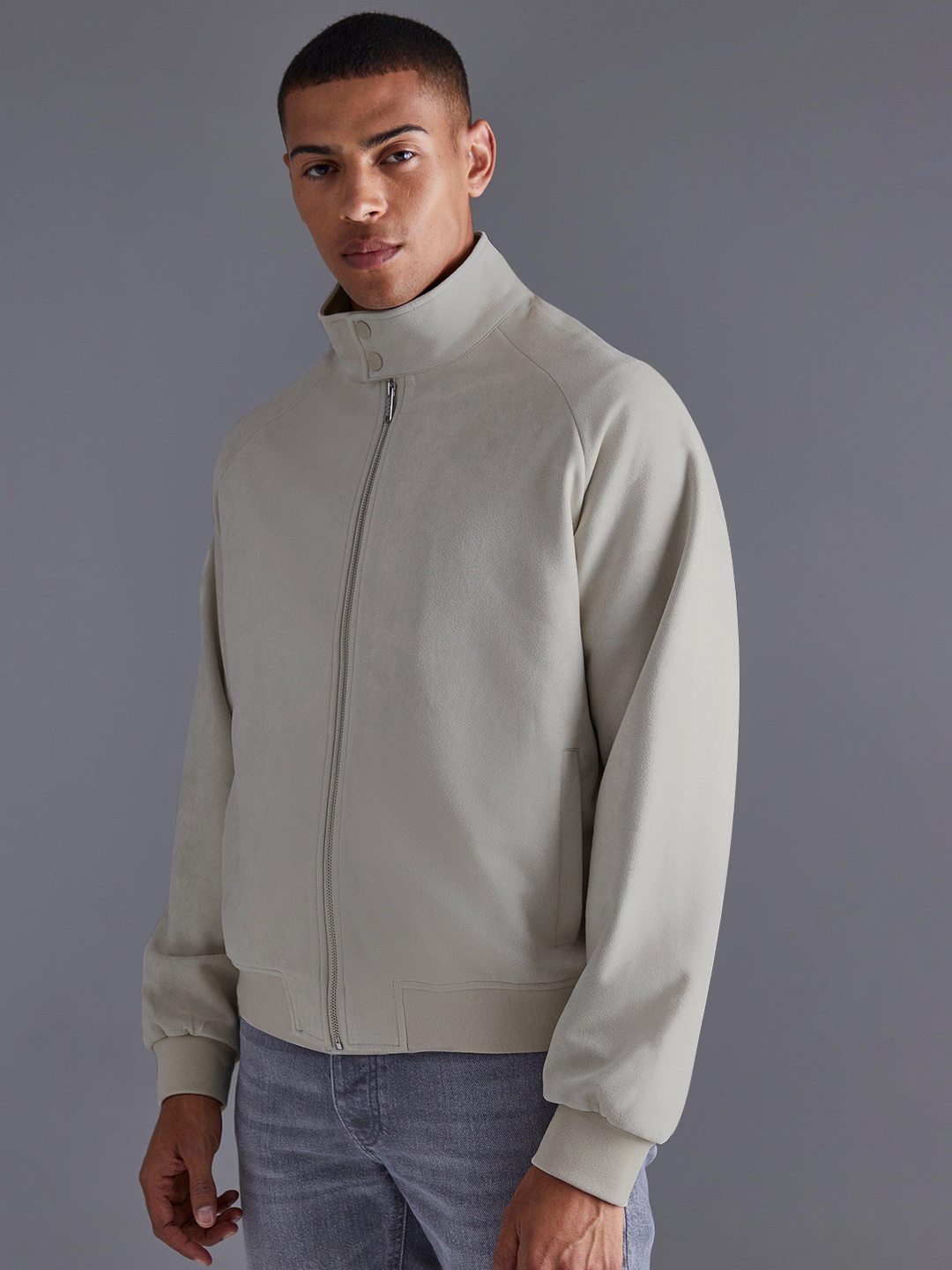 

boohooMAN Suedette Funnel Neck Bomber Jacket, Cream