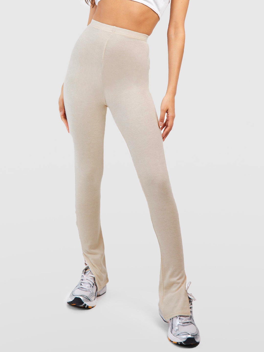 

Boohoo Women Soft Split Hem Leggings, Beige