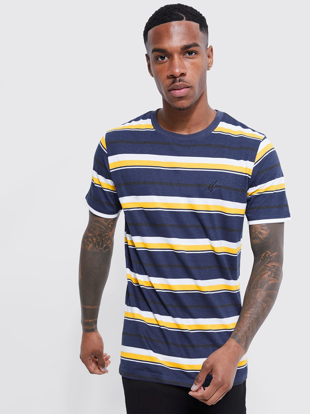 

boohooMAN Striped Slim Fit Pure Cotton T-shirt, Navy blue