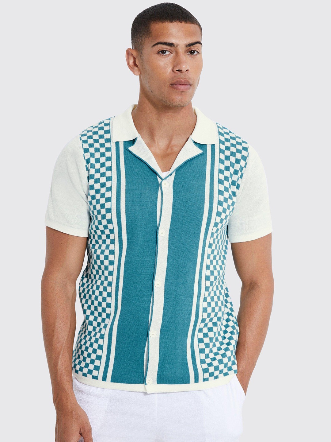 

boohooMAN Striped Knitted Revere Acrylic Casual Shirt, Turquoise blue