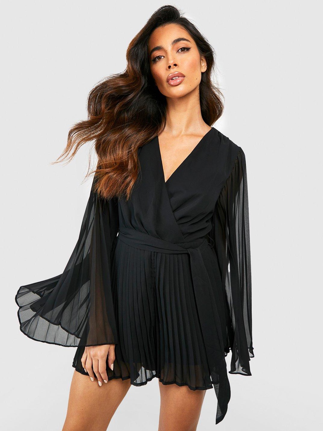 

Boohoo Pleated Chiffon Wrap Playsuit, Black